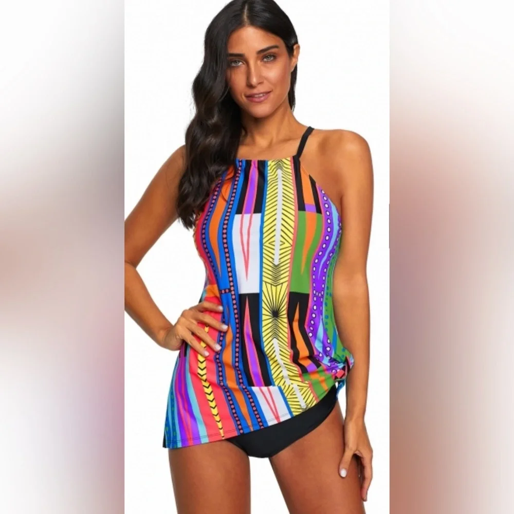⛱️VitoRicci Strappy Tankini Multicolor Geometric Print Long Length Side Vents⛱️